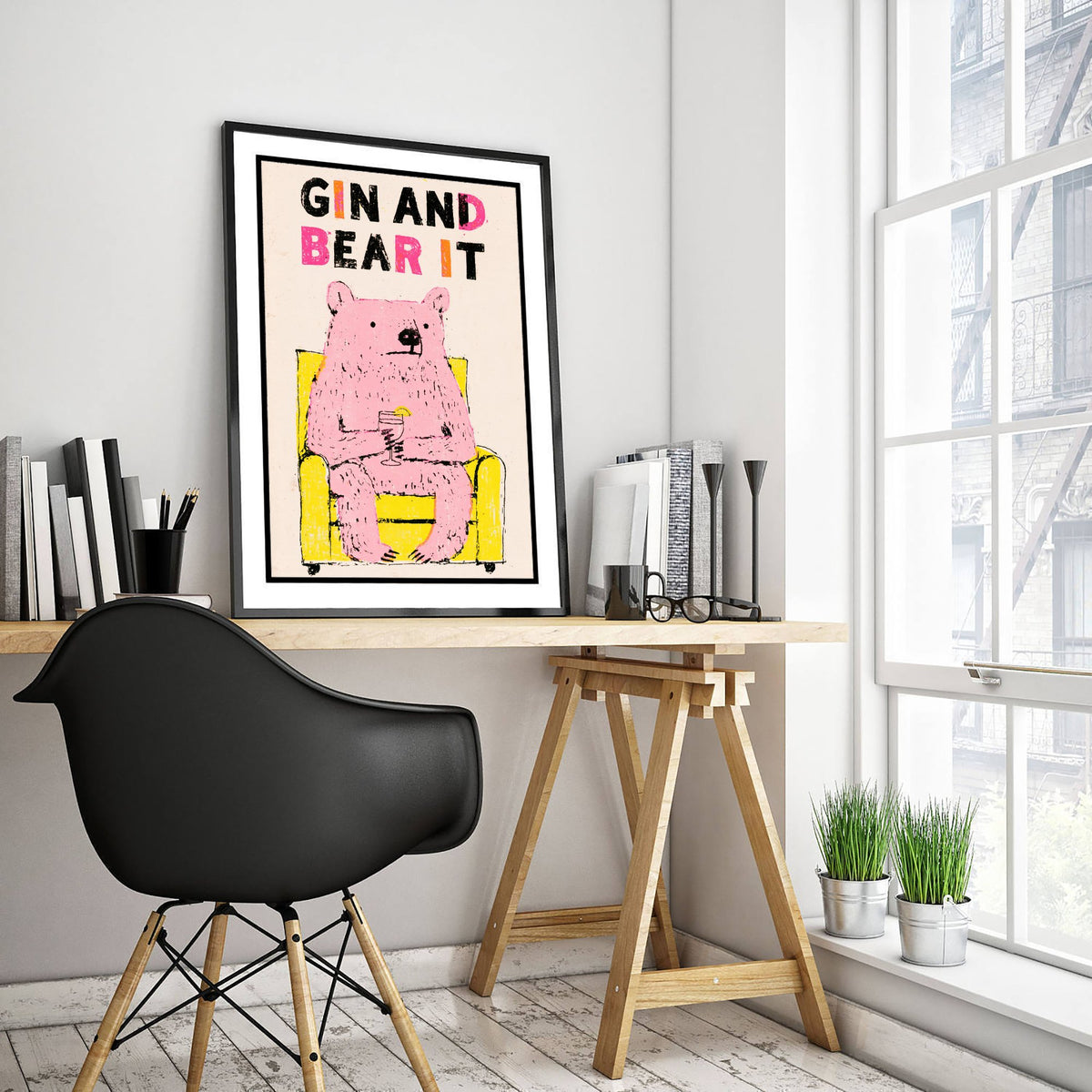Gin and Bear It Art Print - Pink Bear in an Armchair Poster - Funny Gin Cocktail Illustration