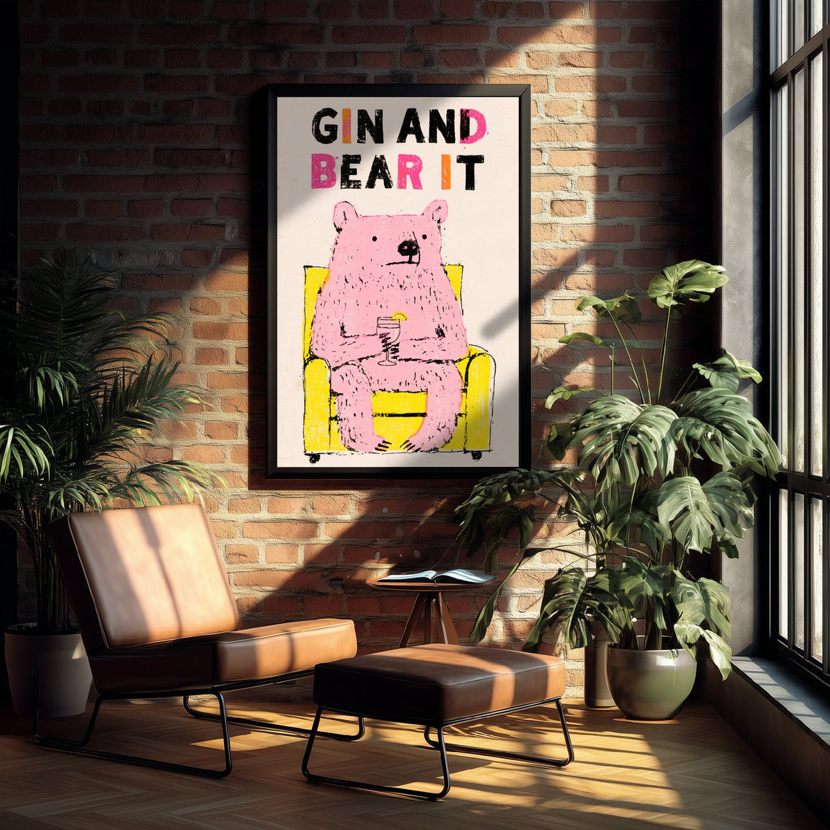 Gin and Bear It Art Print - Pink Bear in an Armchair Poster - Funny Gin Cocktail Illustration