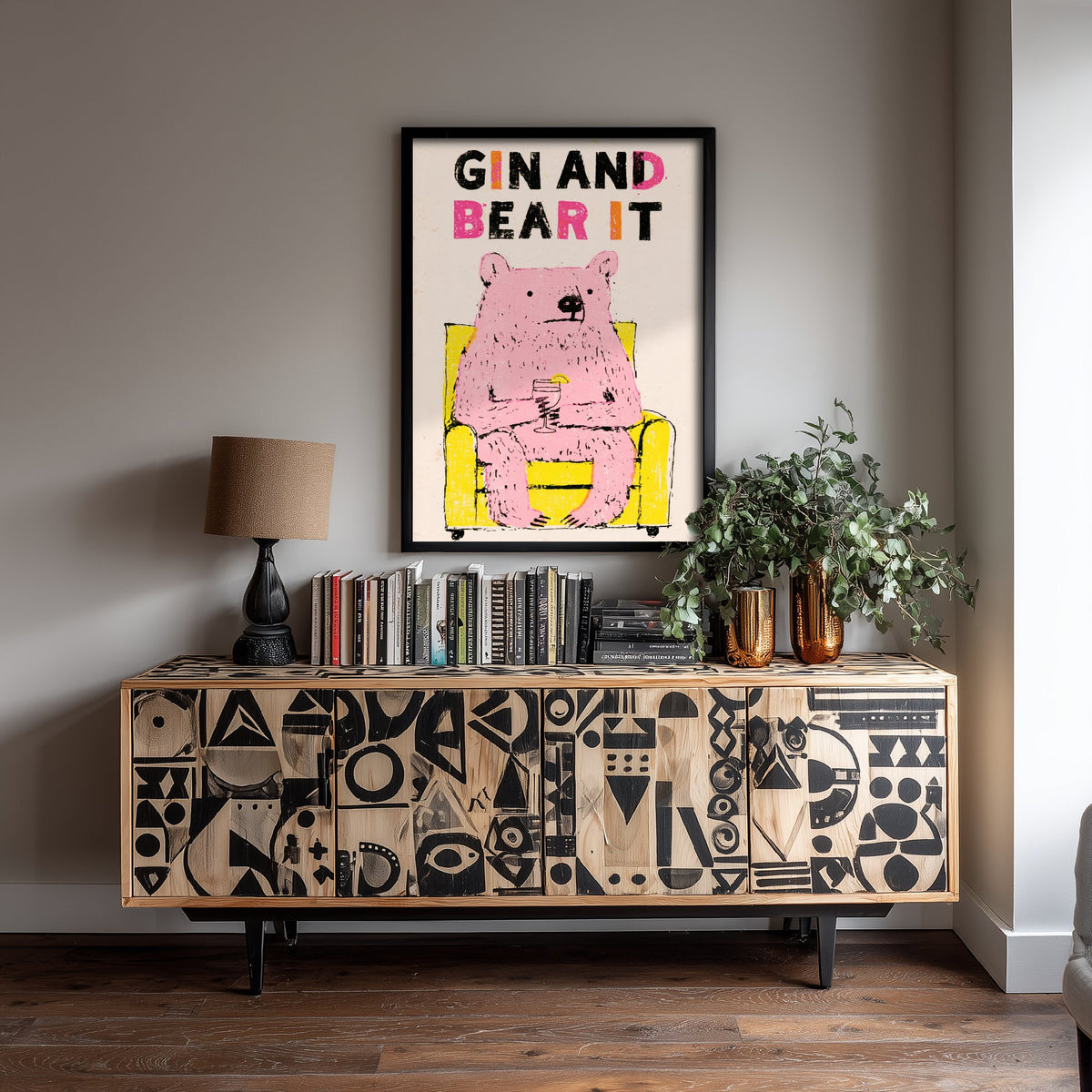Gin and Bear It Art Print - Pink Bear in an Armchair Poster - Funny Gin Cocktail Illustration