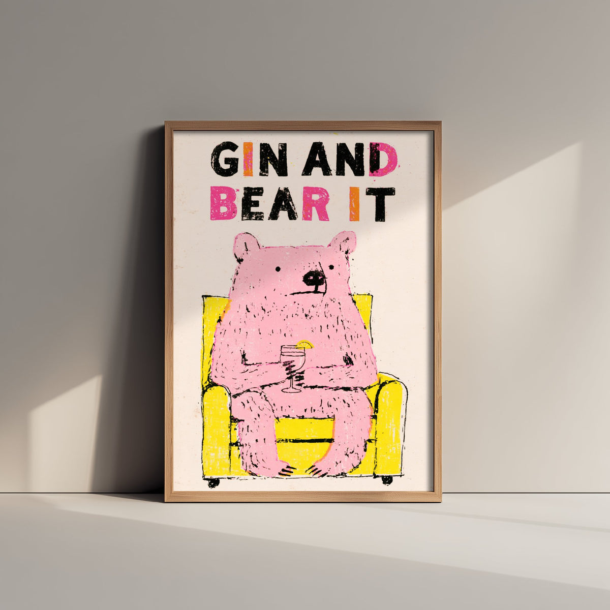 Gin and Bear It Art Print - Pink Bear in an Armchair Poster - Funny Gin Cocktail Illustration