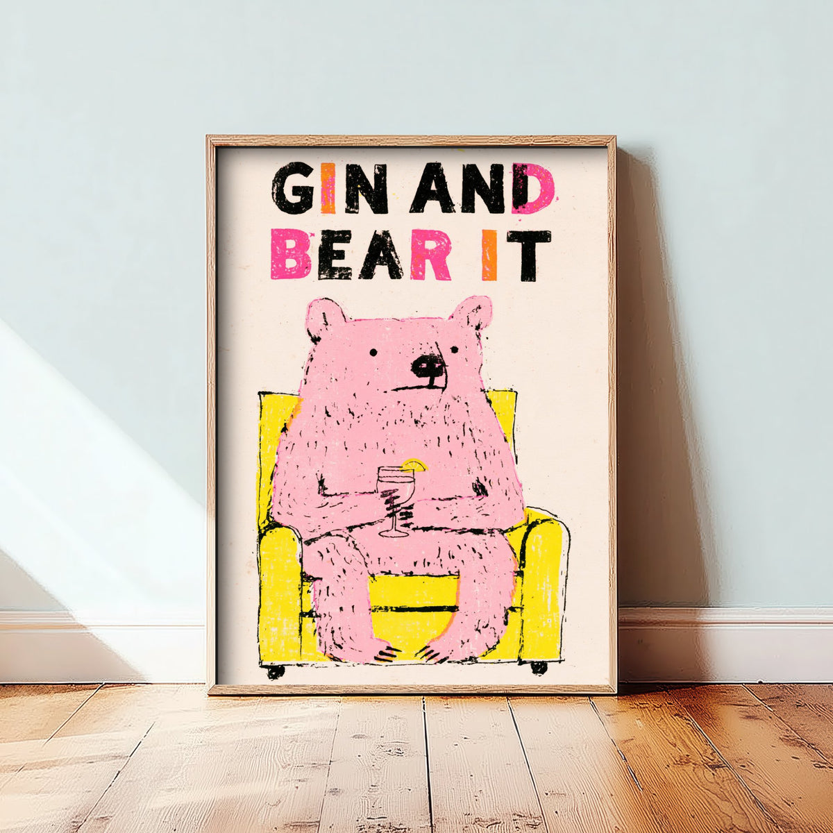Gin and Bear It Art Print - Pink Bear in an Armchair Poster - Funny Gin Cocktail Illustration
