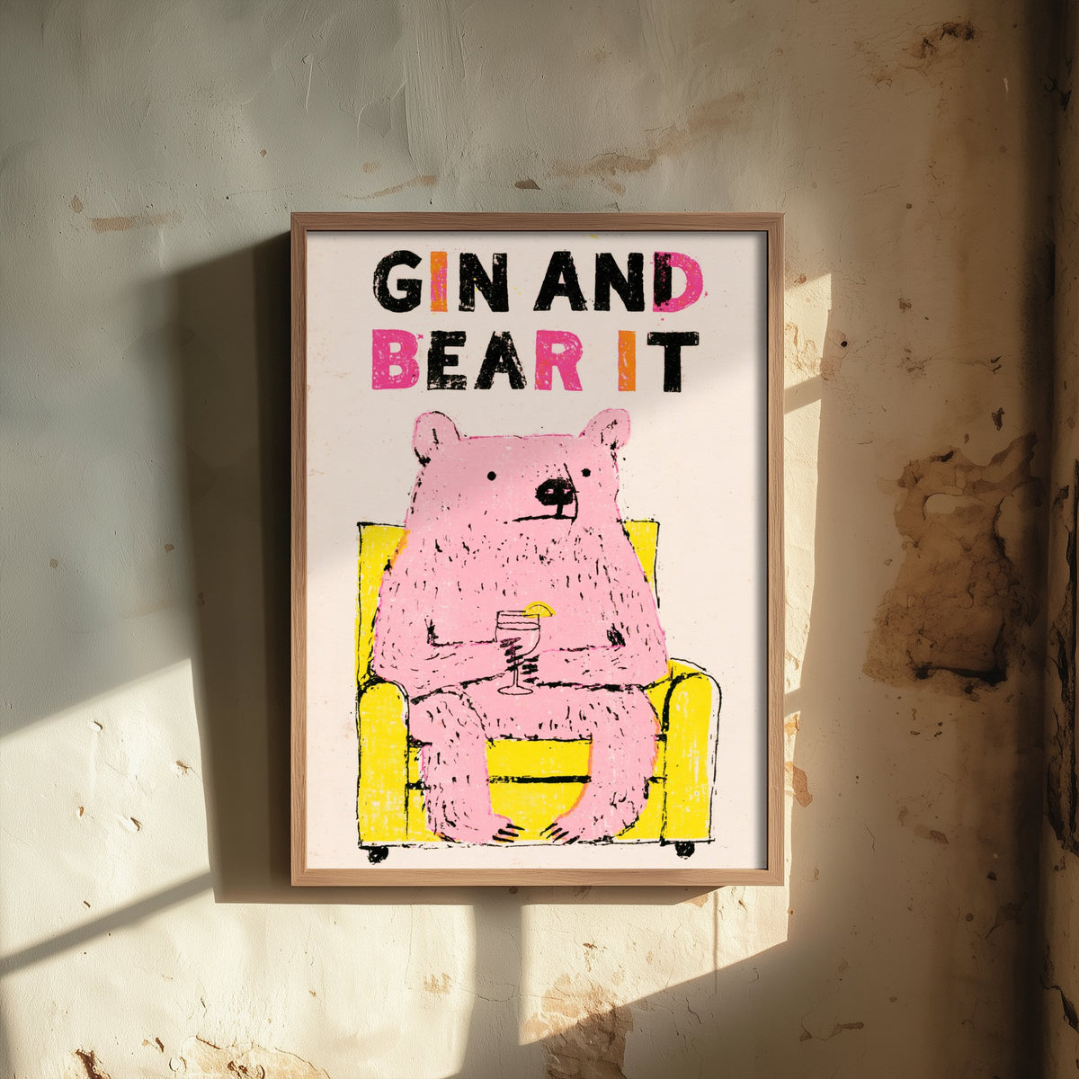 Gin and Bear It Art Print - Pink Bear in an Armchair Poster - Funny Gin Cocktail Illustration