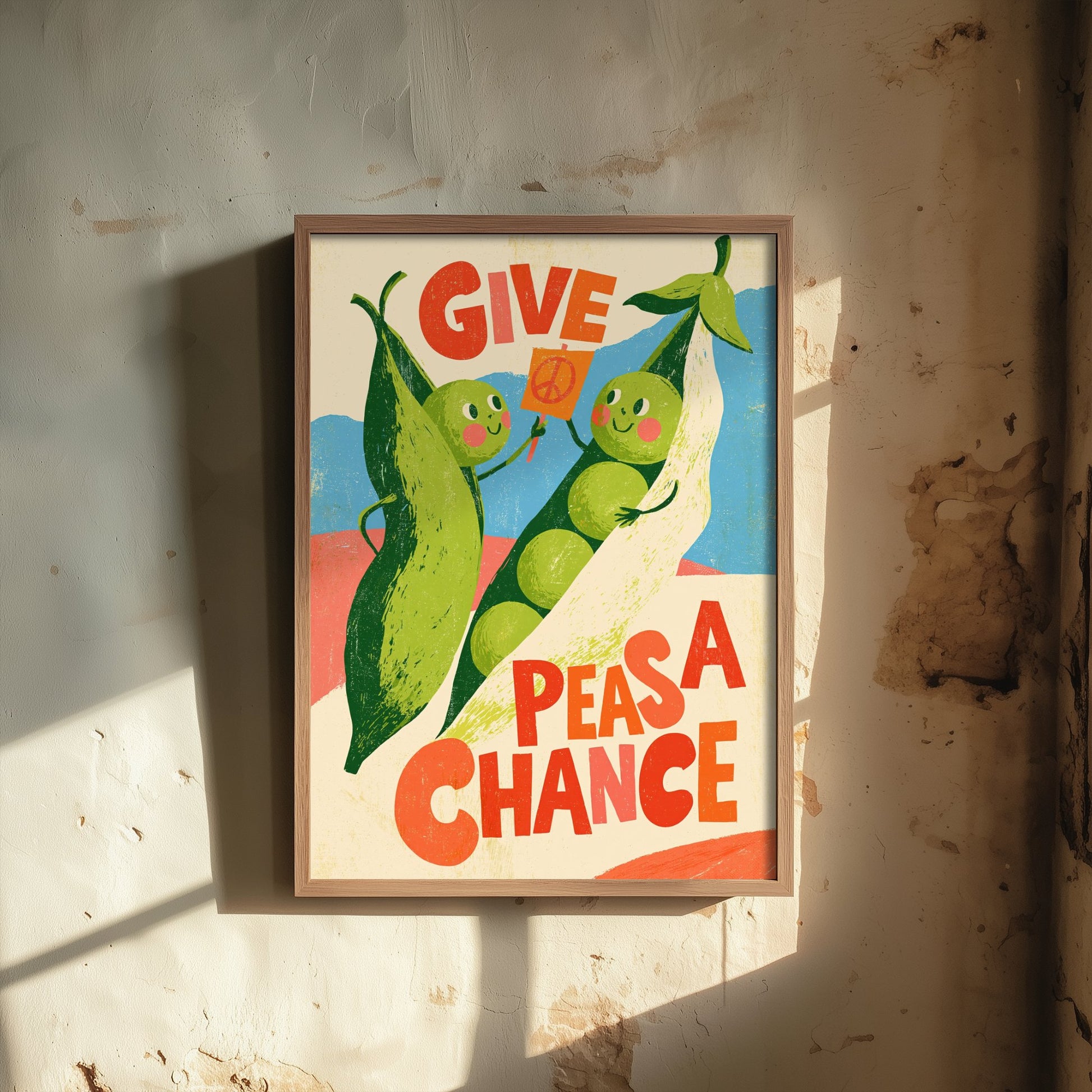 Give Peas a Chance Art Print - Funny Pea Protest Kitchen Poster - Retro Veggie Pun Illustration