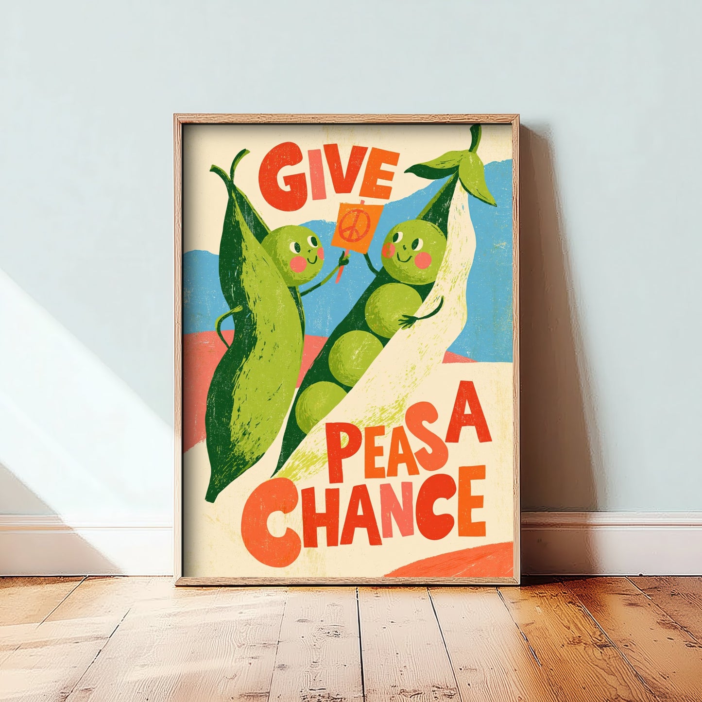 Give Peas a Chance Art Print - Funny Pea Protest Kitchen Poster - Retro Veggie Pun Illustration