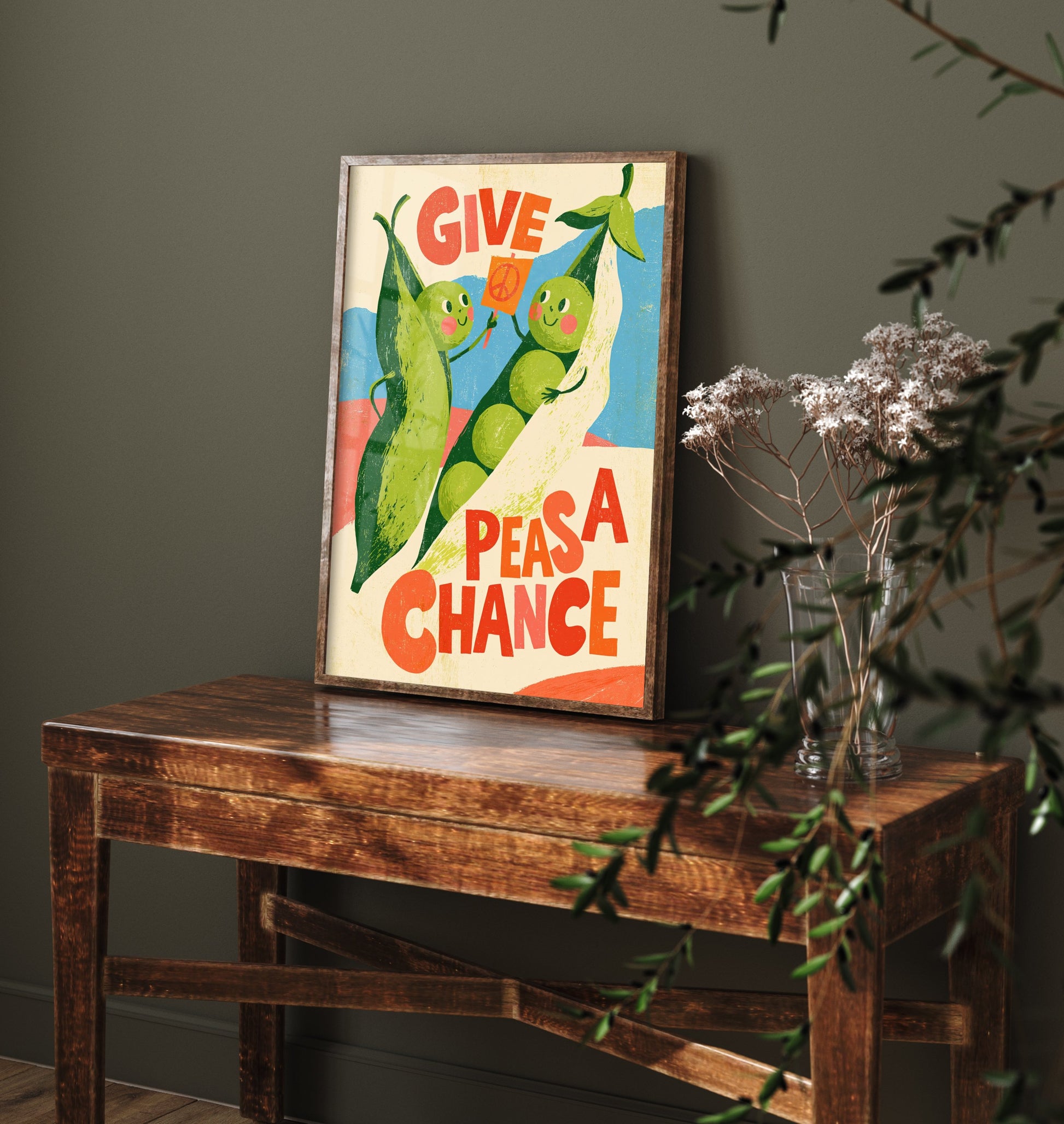 Give Peas a Chance Art Print - Funny Pea Protest Kitchen Poster - Retro Veggie Pun Illustration