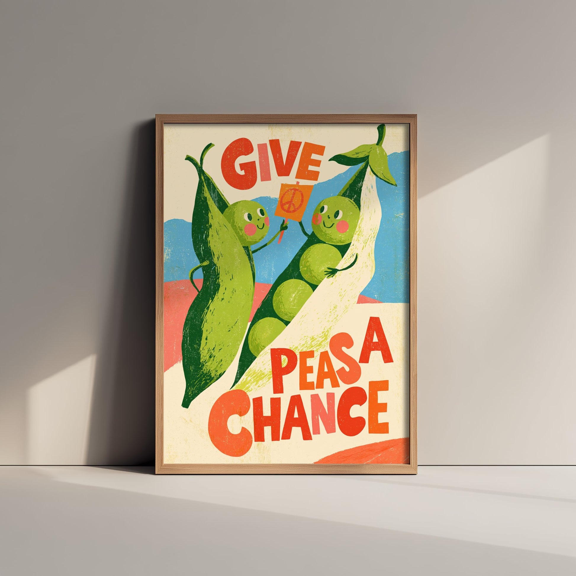 Give Peas a Chance Art Print - Funny Pea Protest Kitchen Poster - Retro Veggie Pun Illustration