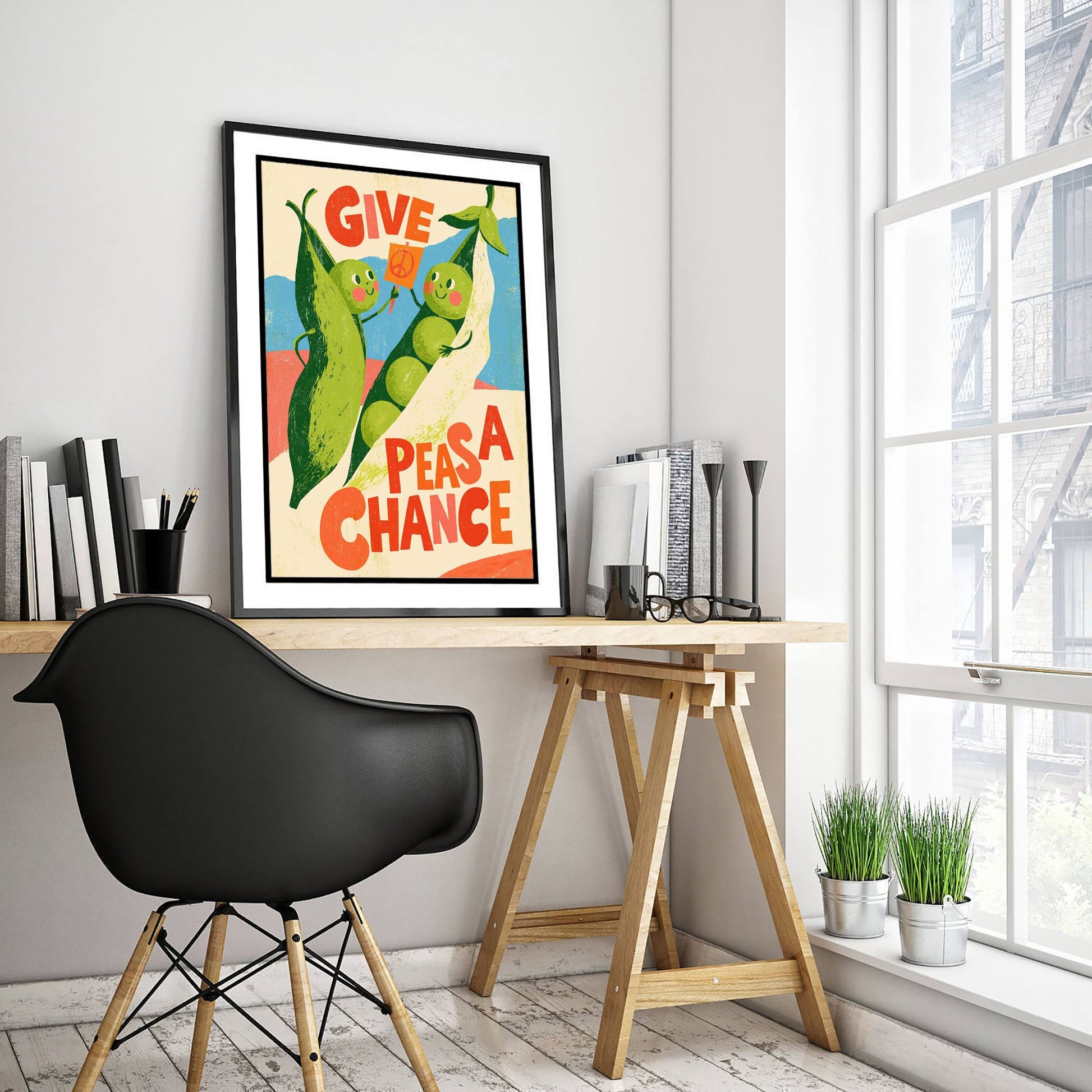 Give Peas a Chance Art Print - Funny Pea Protest Kitchen Poster - Retro Veggie Pun Illustration