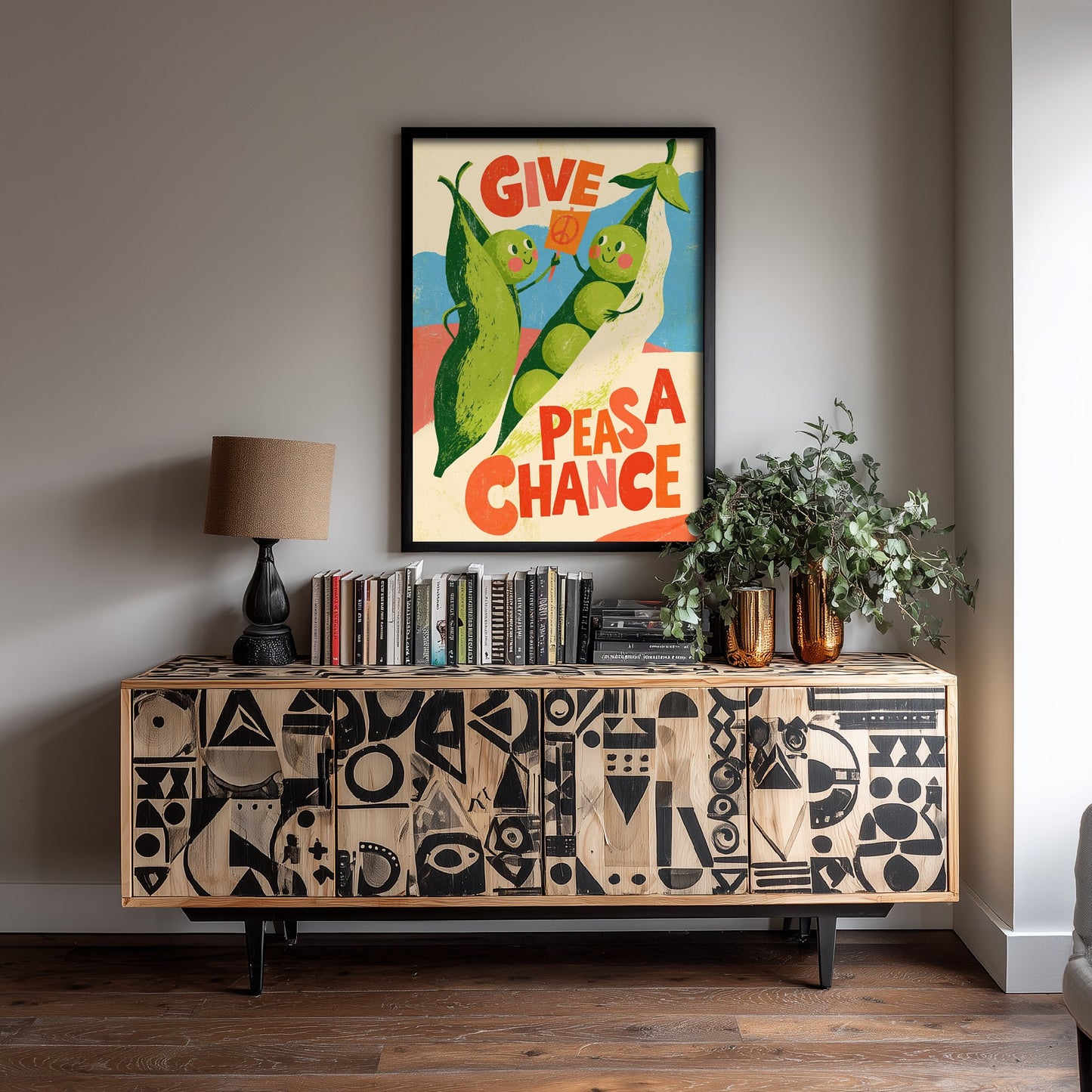 Give Peas a Chance Art Print - Funny Pea Protest Kitchen Poster - Retro Veggie Pun Illustration