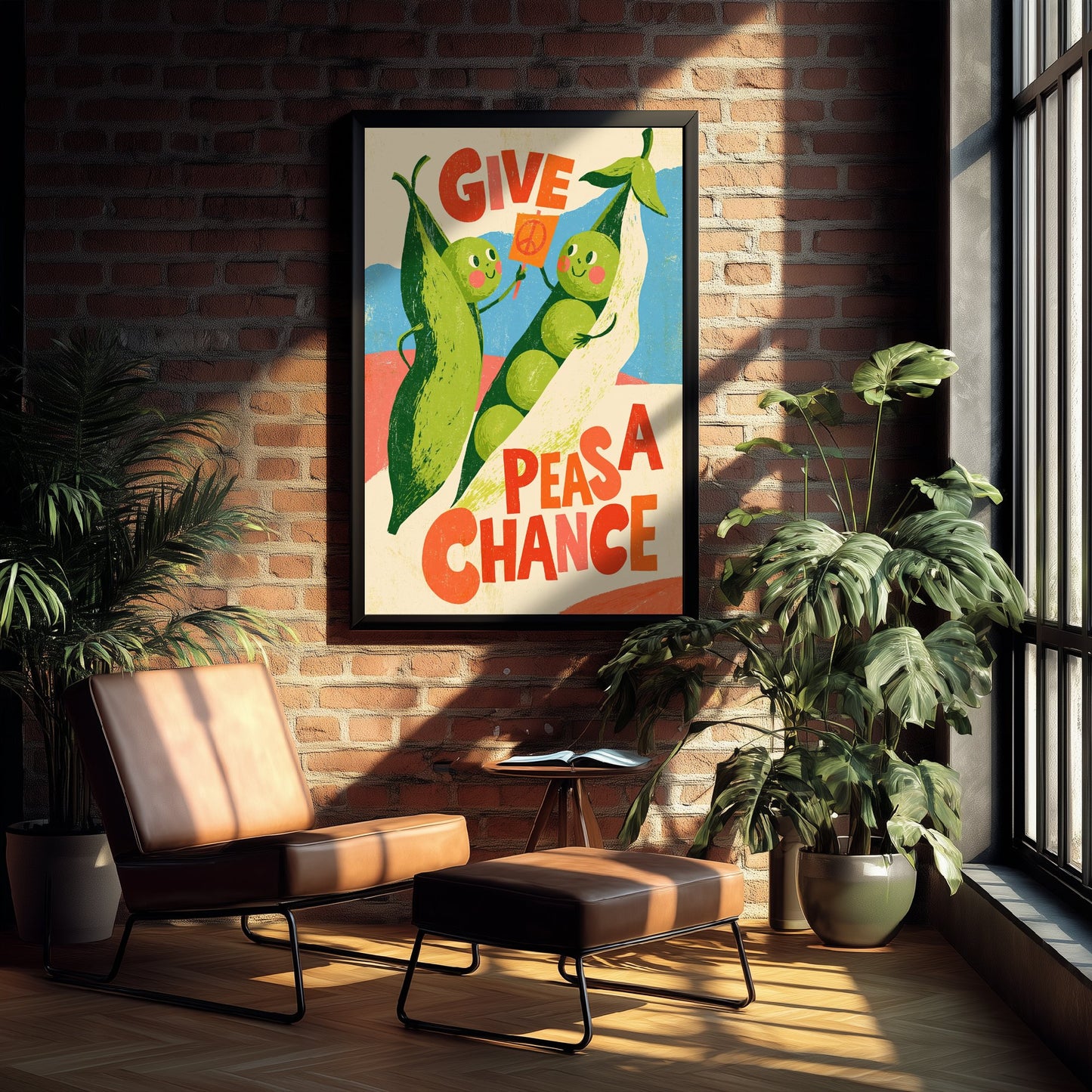 Give Peas a Chance Art Print - Funny Pea Protest Kitchen Poster - Retro Veggie Pun Illustration