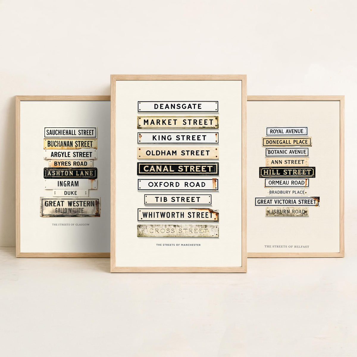 Glasgow, Belfast and Manchester Set of Three Art Prints - Vintage City Street Signs - Weathered Enamel Illustration Posters