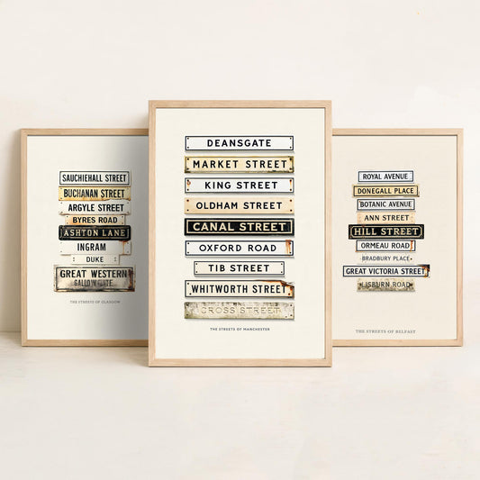 Glasgow, Belfast and Manchester Set of Three Art Prints - Vintage City Street Signs - Weathered Enamel Illustration Posters