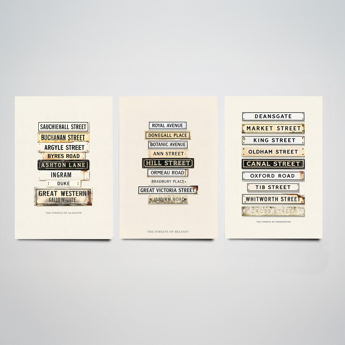 Glasgow, Belfast and Manchester Set of Three Art Prints - Vintage City Street Signs - Weathered Enamel Illustration Posters