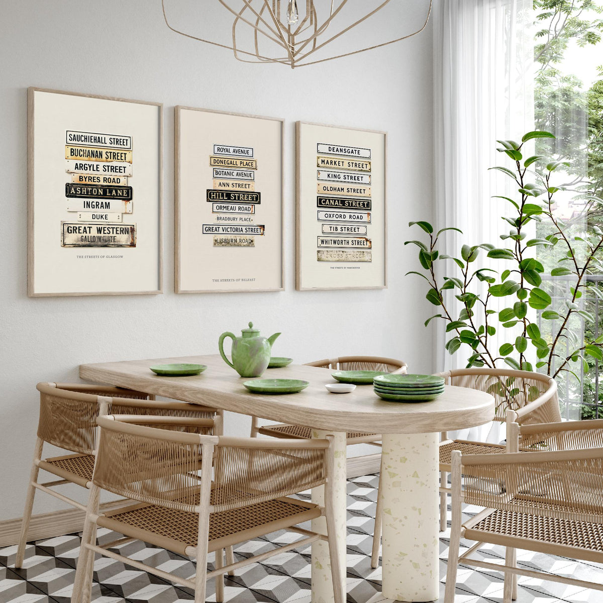 Glasgow, Belfast and Manchester Set of Three Art Prints - Vintage City Street Signs - Weathered Enamel Illustration Posters