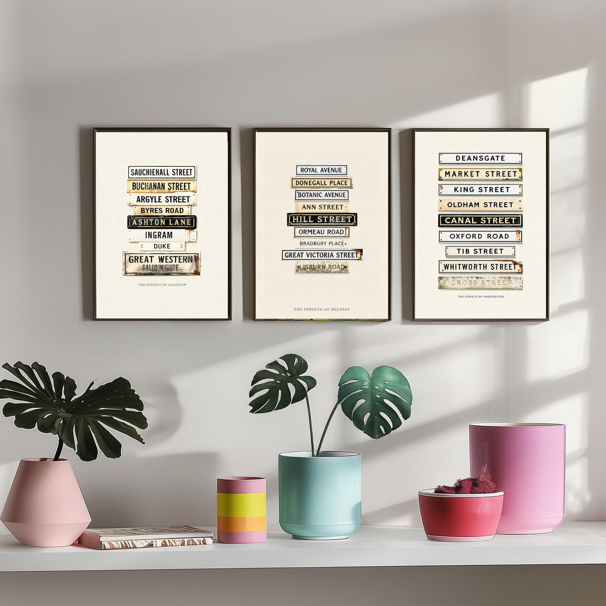 Glasgow, Belfast and Manchester Set of Three Art Prints - Vintage City Street Signs - Weathered Enamel Illustration Posters