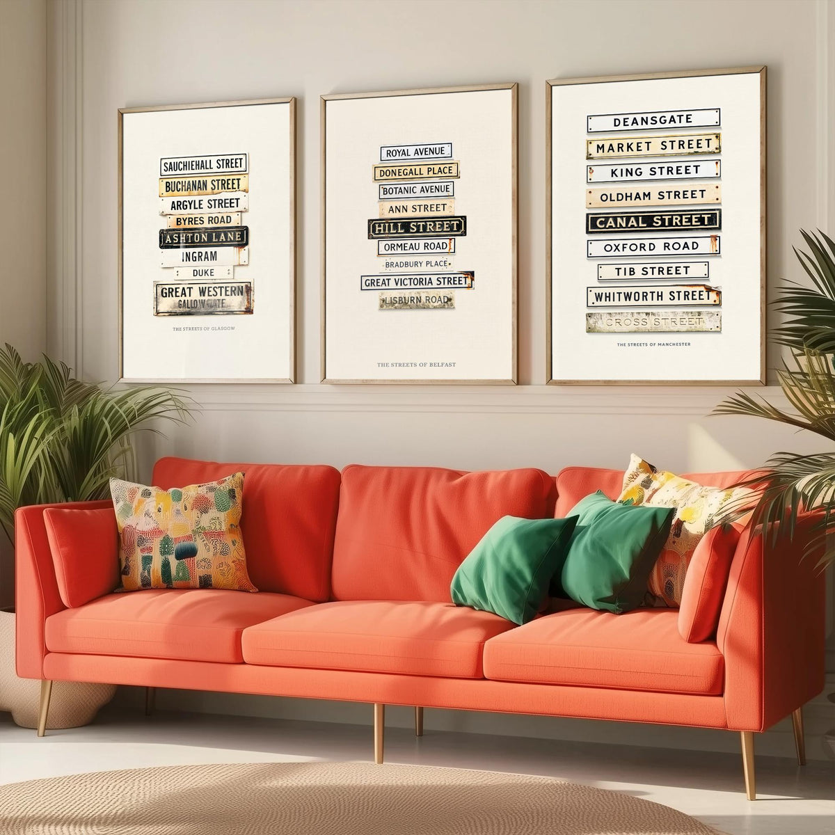 Glasgow, Belfast and Manchester Set of Three Art Prints - Vintage City Street Signs - Weathered Enamel Illustration Posters