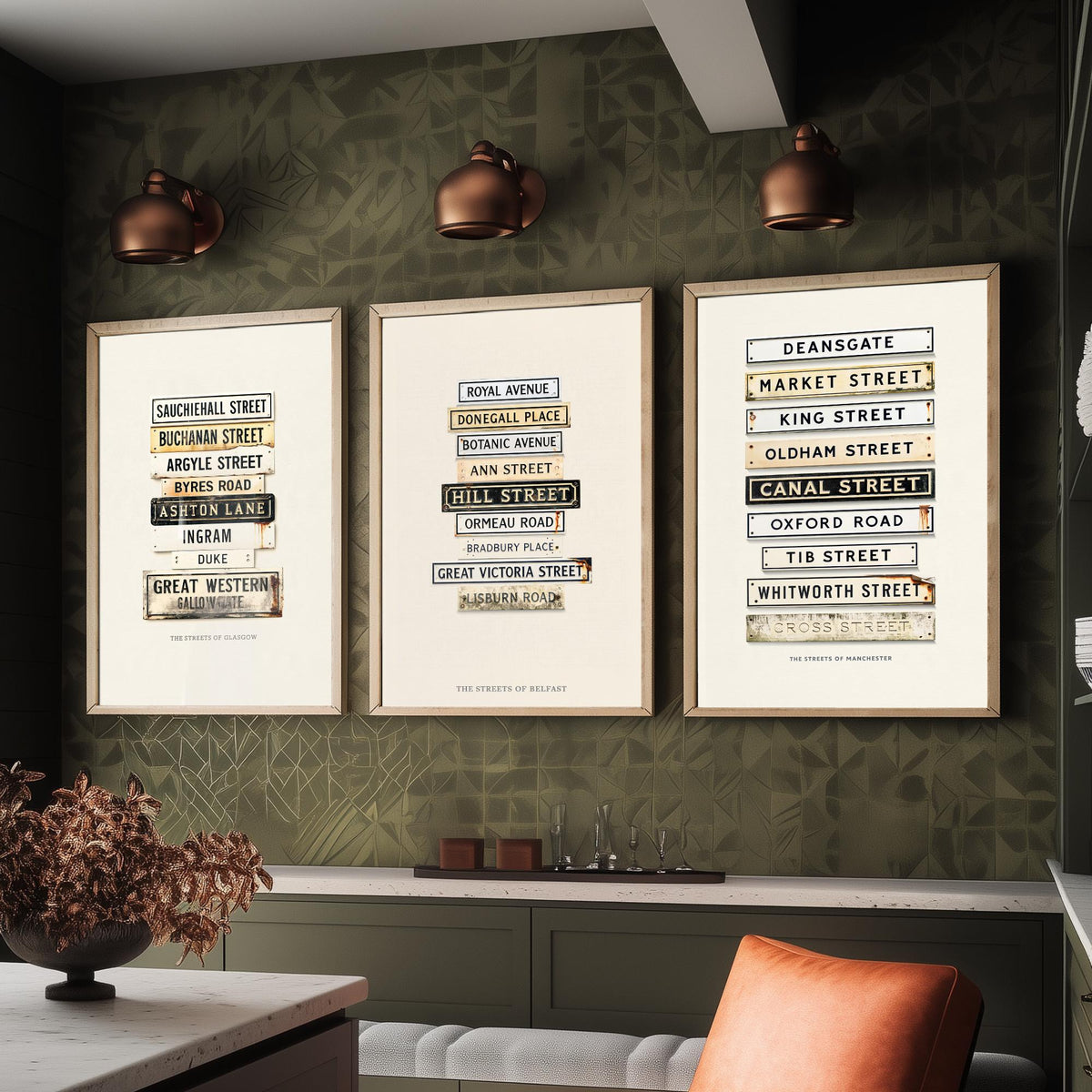 Glasgow, Belfast and Manchester Set of Three Art Prints - Vintage City Street Signs - Weathered Enamel Illustration Posters