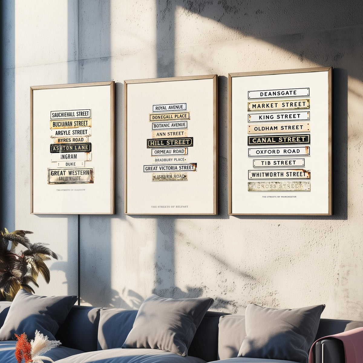 Glasgow, Belfast and Manchester Set of Three Art Prints - Vintage City Street Signs - Weathered Enamel Illustration Posters