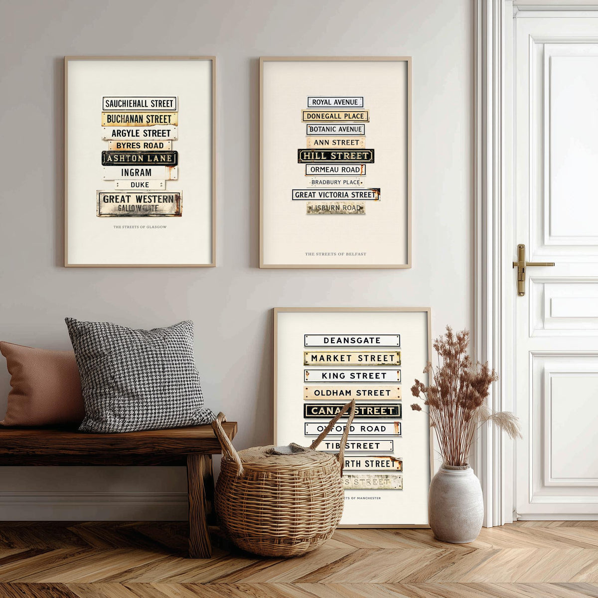 Glasgow, Belfast and Manchester Set of Three Art Prints - Vintage City Street Signs - Weathered Enamel Illustration Posters