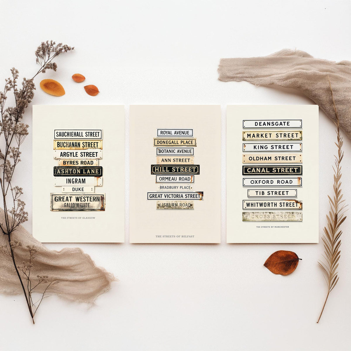 Glasgow, Belfast and Manchester Set of Three Art Prints - Vintage City Street Signs - Weathered Enamel Illustration Posters