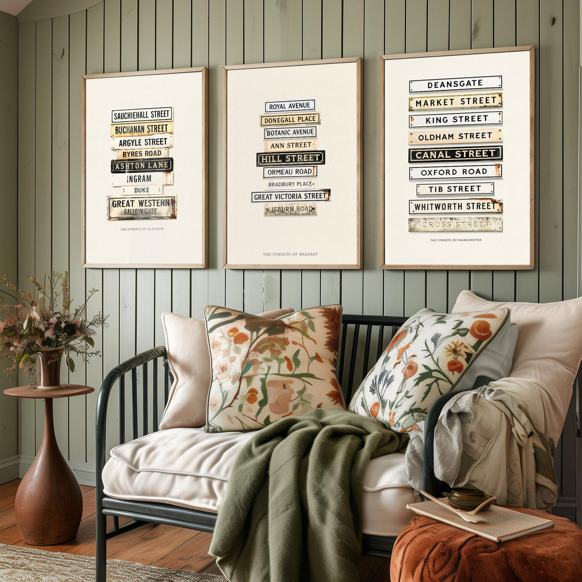 Glasgow, Belfast and Manchester Set of Three Art Prints - Vintage City Street Signs - Weathered Enamel Illustration Posters