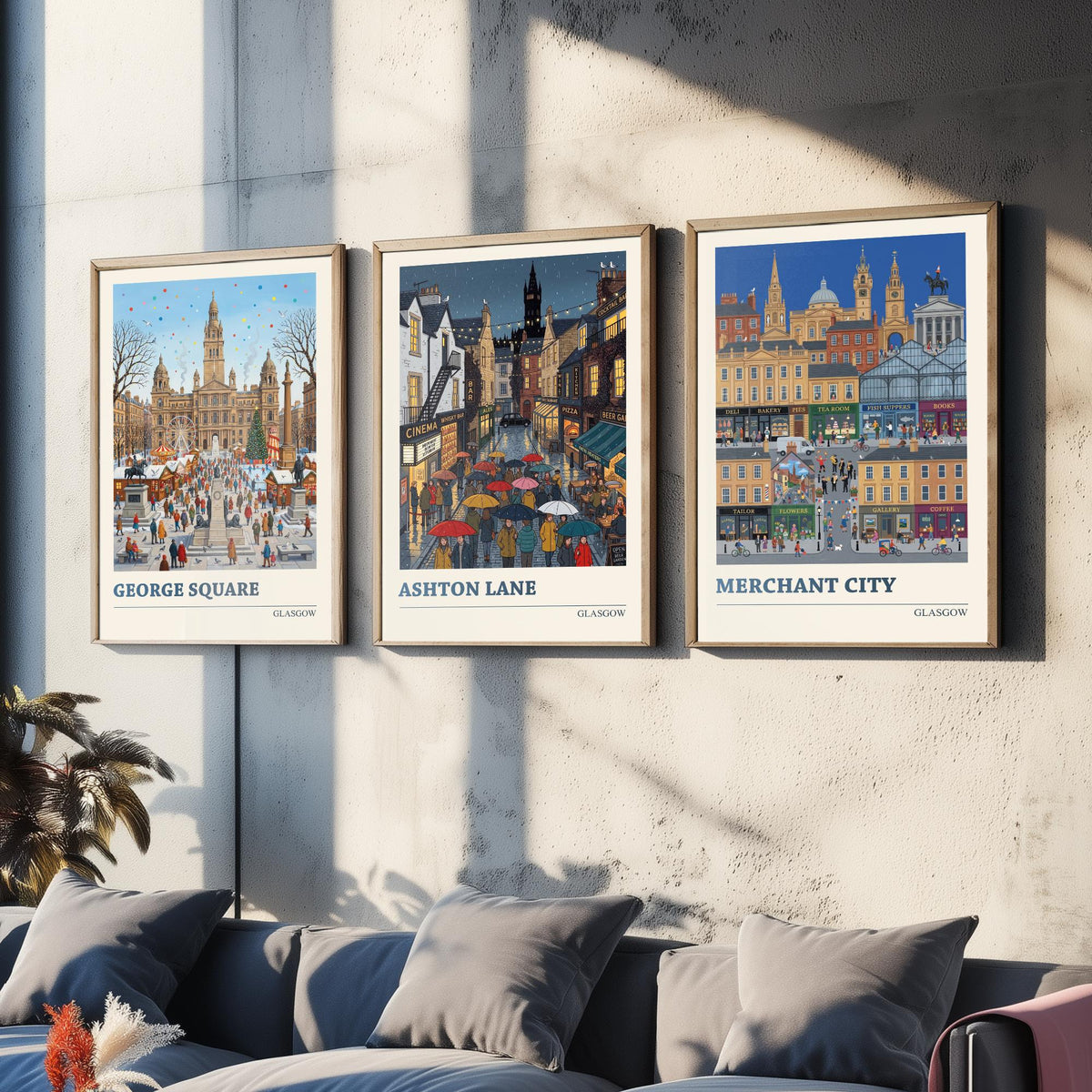 Glasgow Set of Three Art Prints - George Square, Ashton Lane, Merchant City - 3 Folk Illustration Travel Posters - Glaswegian Painting