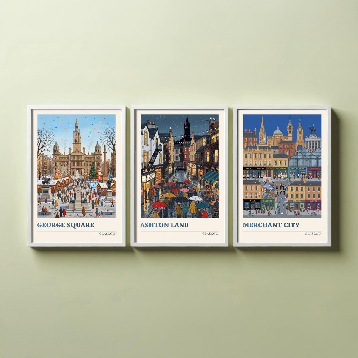 Glasgow Set of Three Art Prints - George Square, Ashton Lane, Merchant City - 3 Folk Illustration Travel Posters - Glaswegian Painting