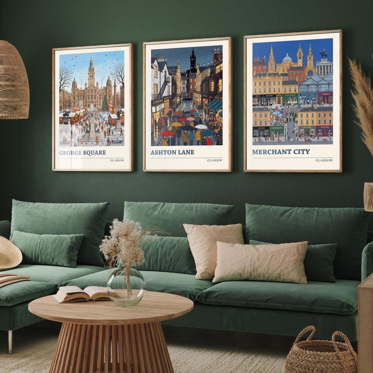 Glasgow Set of Three Art Prints - George Square, Ashton Lane, Merchant City - 3 Folk Illustration Travel Posters - Glaswegian Painting