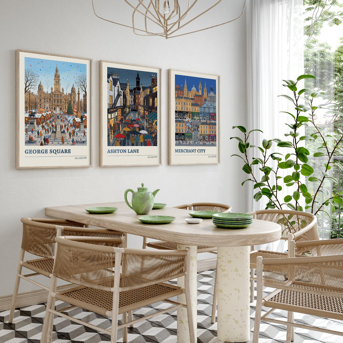 Glasgow Set of Three Art Prints - George Square, Ashton Lane, Merchant City - 3 Folk Illustration Travel Posters - Glaswegian Painting