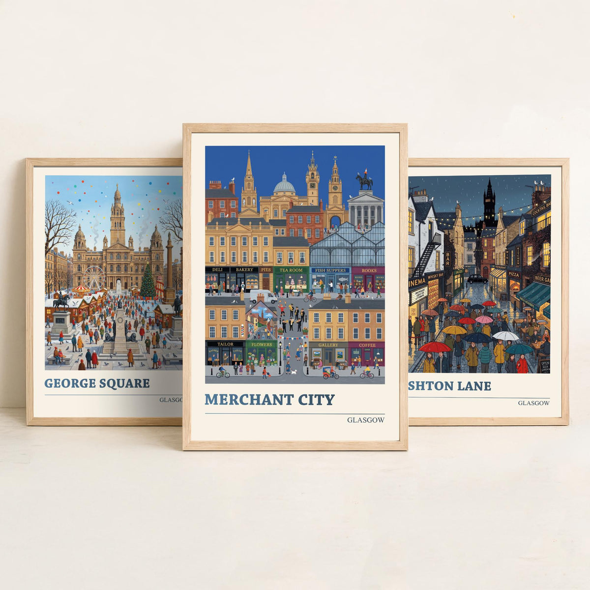 Glasgow Set of Three Art Prints - George Square, Ashton Lane, Merchant City - 3 Folk Illustration Travel Posters - Glaswegian Painting