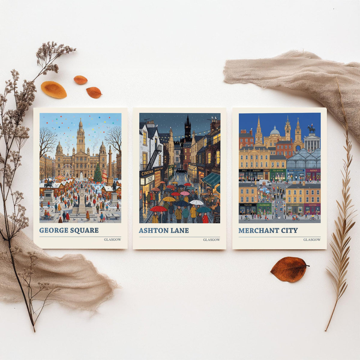 Glasgow Set of Three Art Prints - George Square, Ashton Lane, Merchant City - 3 Folk Illustration Travel Posters - Glaswegian Painting