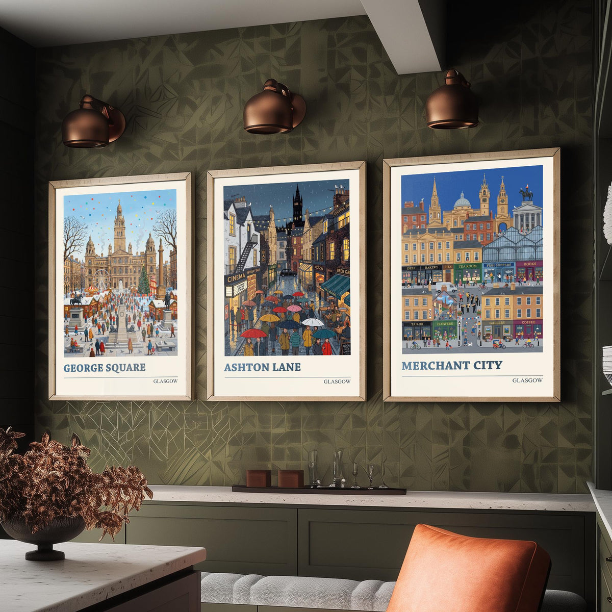 Glasgow Set of Three Art Prints - George Square, Ashton Lane, Merchant City - 3 Folk Illustration Travel Posters - Glaswegian Painting