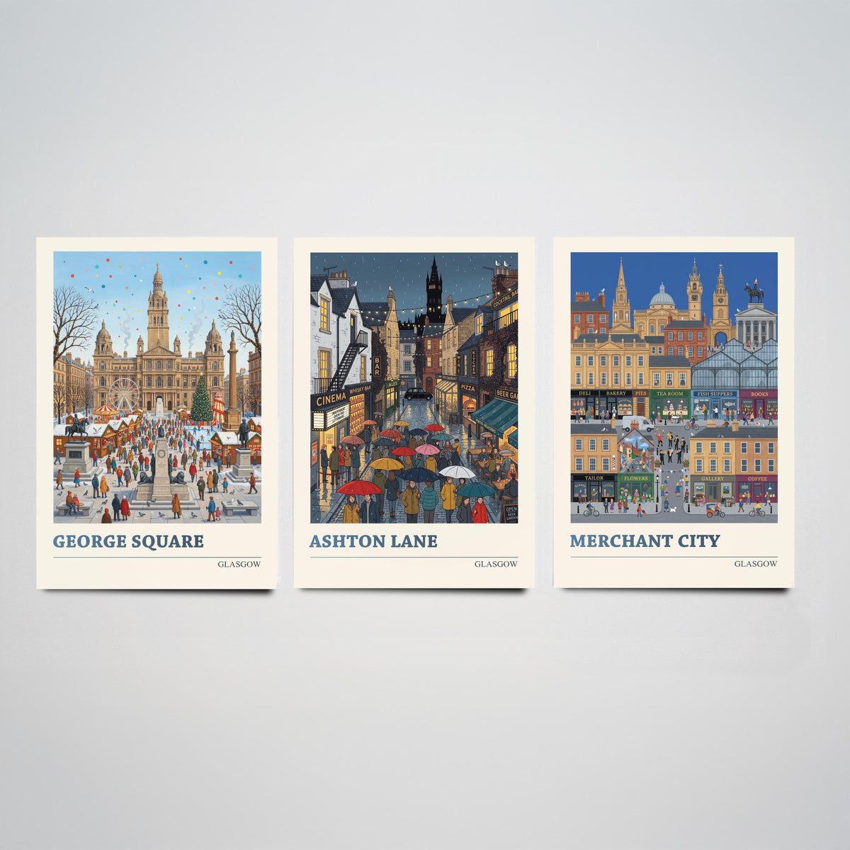 Glasgow Set of Three Art Prints - George Square, Ashton Lane, Merchant City - 3 Folk Illustration Travel Posters - Glaswegian Painting