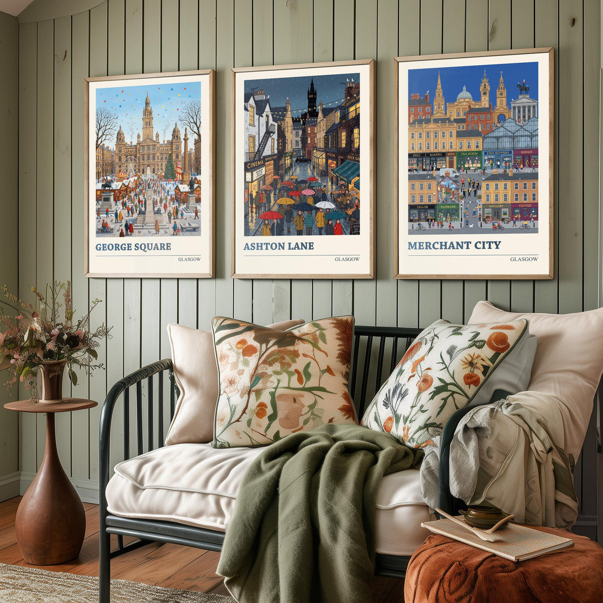 Glasgow Set of Three Art Prints - George Square, Ashton Lane, Merchant City - 3 Folk Illustration Travel Posters - Glaswegian Painting