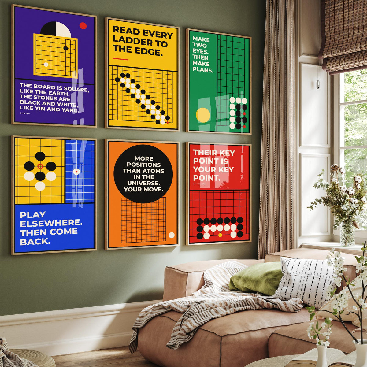 Set of Six Go Board Game Quote Art Prints - 6 Bauhaus Baduk Weiqi Posters - Minimalist Game Room Illustration - Stones, Ladder, Eyes