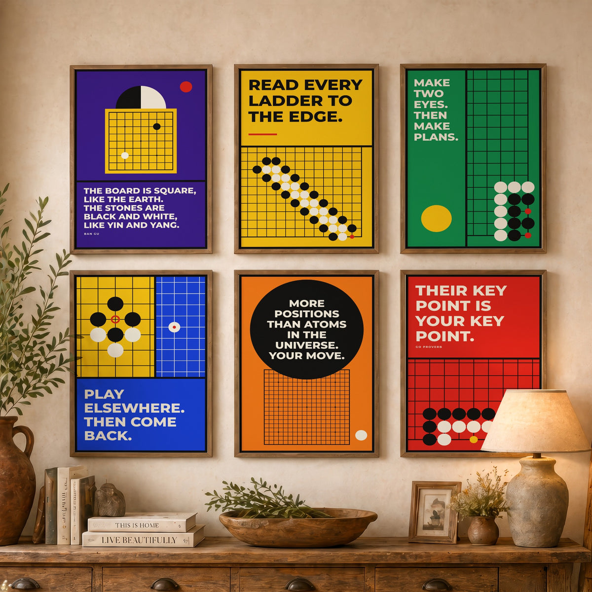 Set of Six Go Board Game Quote Art Prints - 6 Bauhaus Baduk Weiqi Posters - Minimalist Game Room Illustration - Stones, Ladder, Eyes