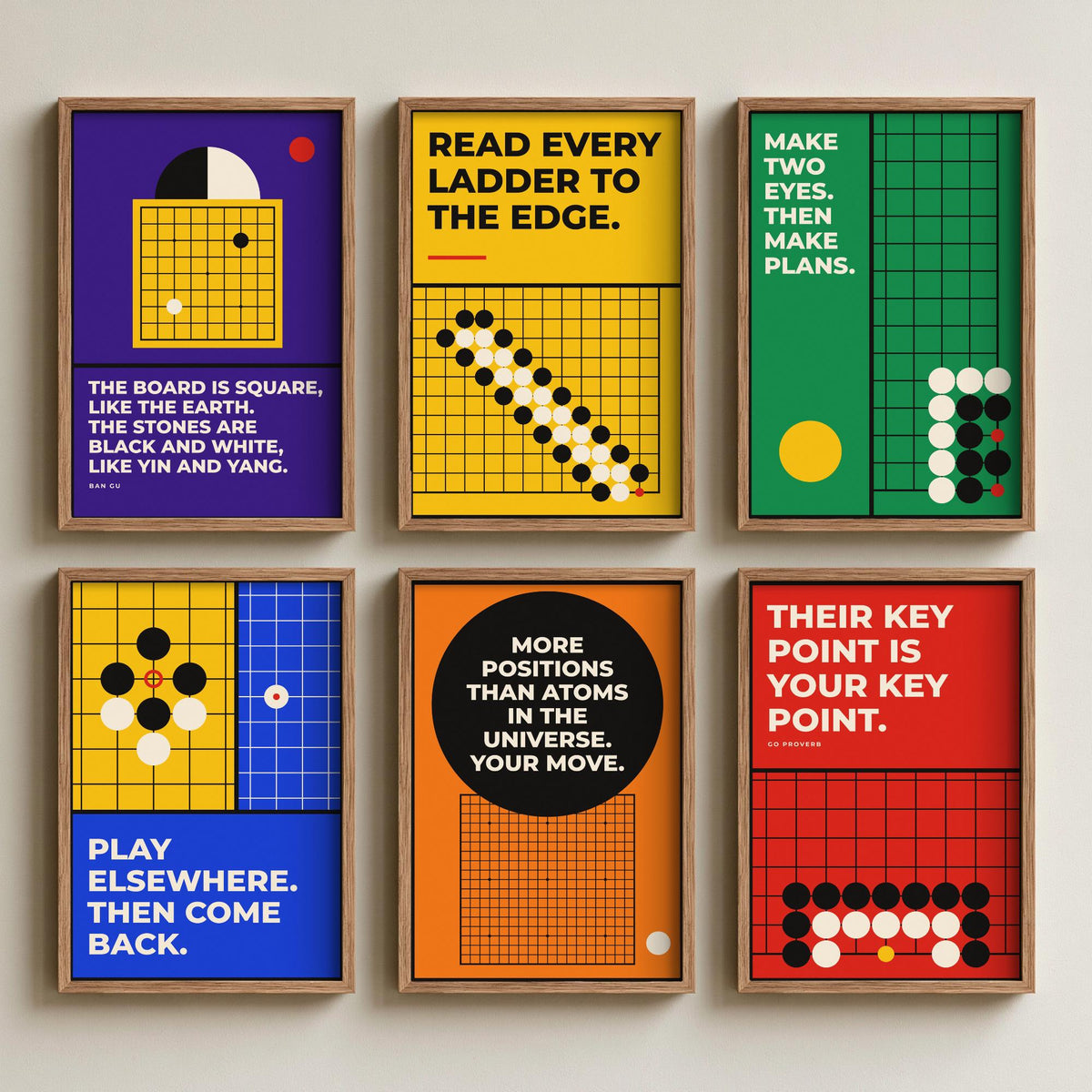 Set of Six Go Board Game Quote Art Prints - 6 Bauhaus Baduk Weiqi Posters - Minimalist Game Room Illustration - Stones, Ladder, Eyes