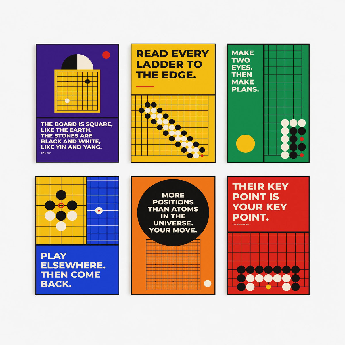 Set of Six Go Board Game Quote Art Prints - 6 Bauhaus Baduk Weiqi Posters - Minimalist Game Room Illustration - Stones, Ladder, Eyes