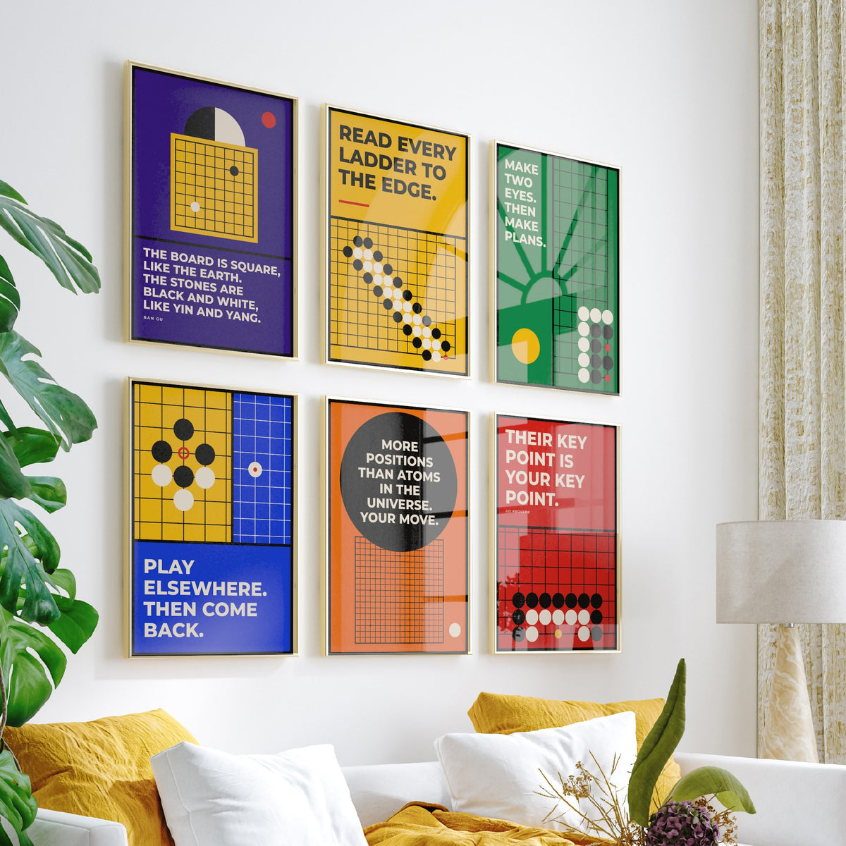 Set of Six Go Board Game Quote Art Prints - 6 Bauhaus Baduk Weiqi Posters - Minimalist Game Room Illustration - Stones, Ladder, Eyes