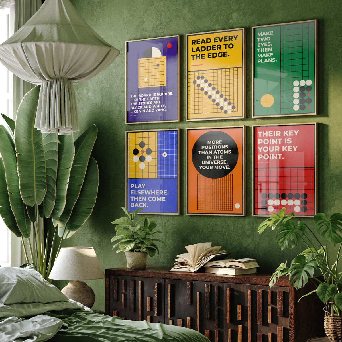 Set of Six Go Board Game Quote Art Prints - 6 Bauhaus Baduk Weiqi Posters - Minimalist Game Room Illustration - Stones, Ladder, Eyes