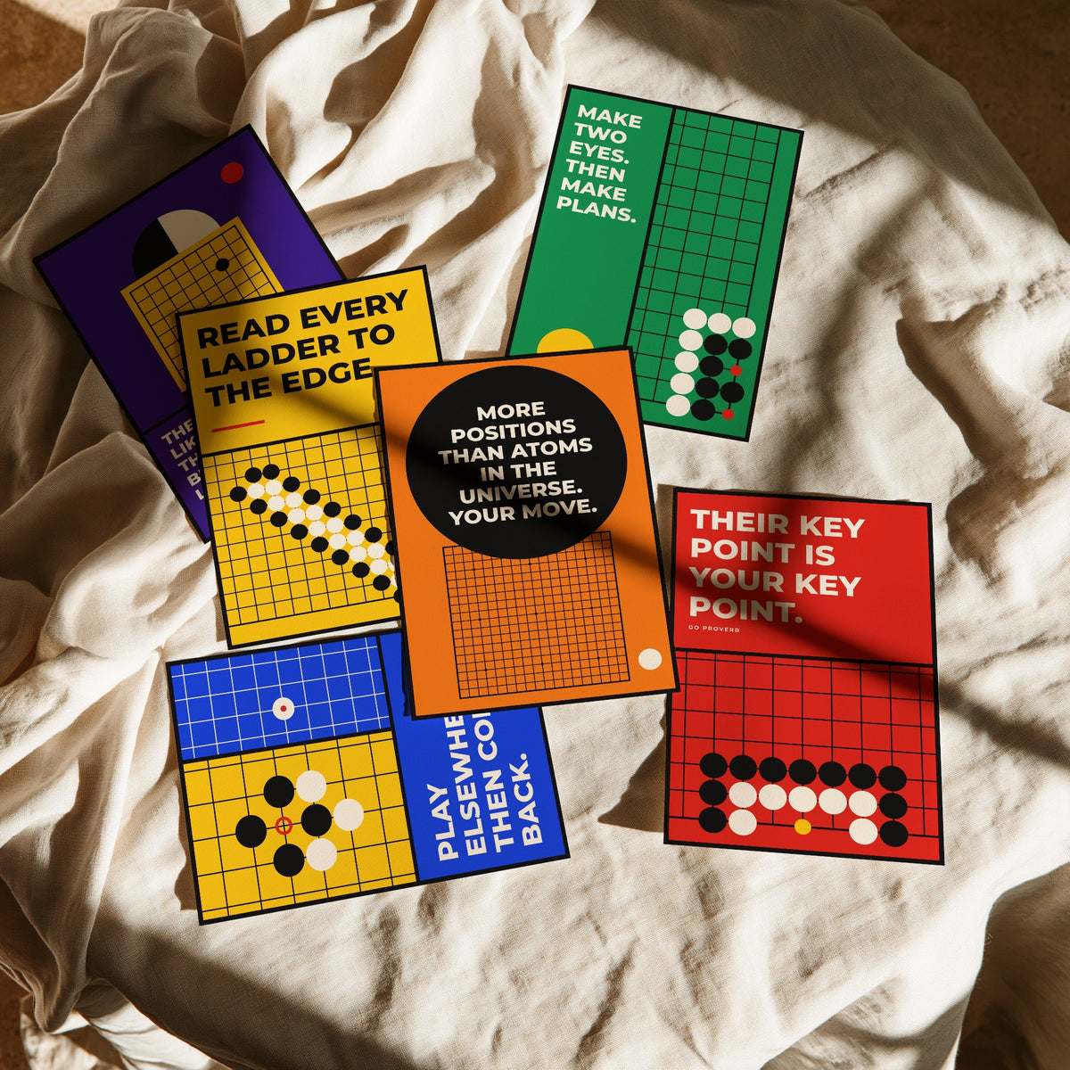 Set of Six Go Board Game Quote Art Prints - 6 Bauhaus Baduk Weiqi Posters - Minimalist Game Room Illustration - Stones, Ladder, Eyes