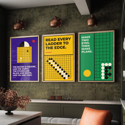 Go Board Game Quotes Set of Three Art Prints - 3 Bauhaus Baduk Weiqi Posters - Minimalist Game Room Wall Art Illustration V1