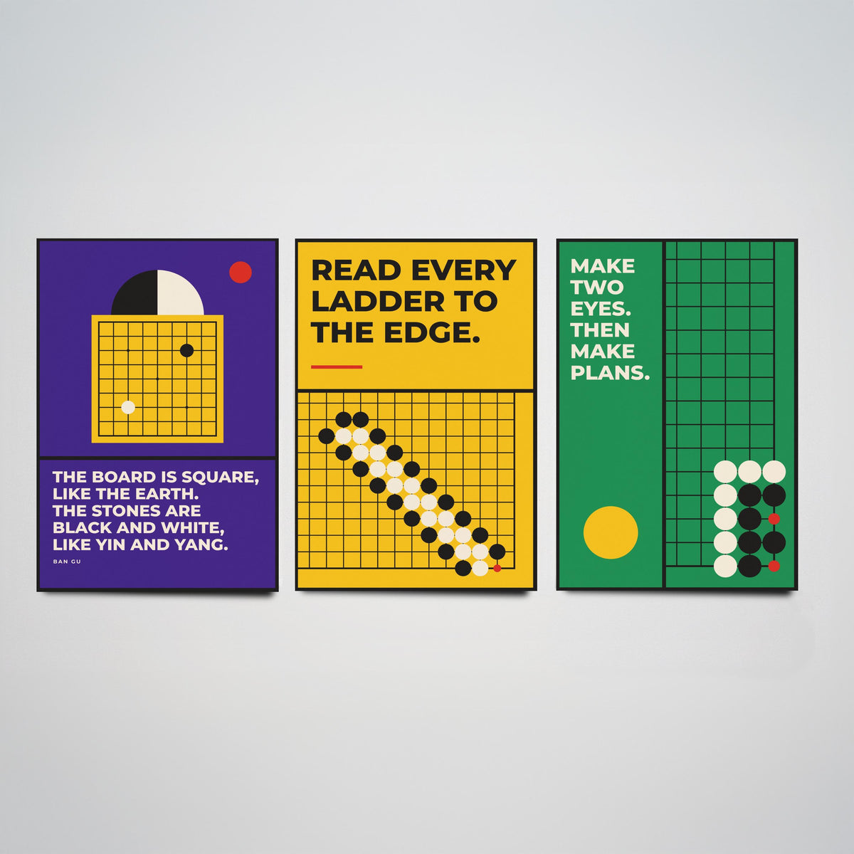 Go Board Game Quotes Set of Three Art Prints - 3 Bauhaus Baduk Weiqi Posters - Minimalist Game Room Wall Art Illustration V1