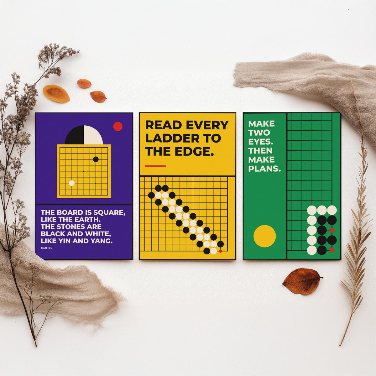 Go Board Game Quotes Set of Three Art Prints - 3 Bauhaus Baduk Weiqi Posters - Minimalist Game Room Wall Art Illustration V1