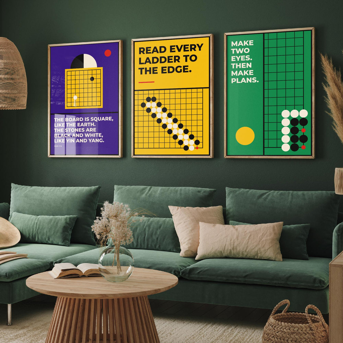 Go Board Game Quotes Set of Three Art Prints - 3 Bauhaus Baduk Weiqi Posters - Minimalist Game Room Wall Art Illustration V1