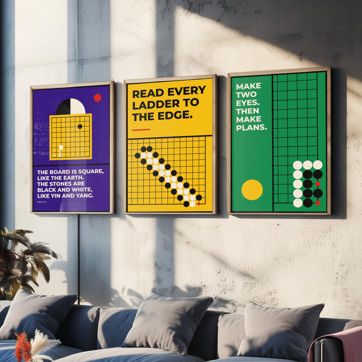 Go Board Game Quotes Set of Three Art Prints - 3 Bauhaus Baduk Weiqi Posters - Minimalist Game Room Wall Art Illustration V1