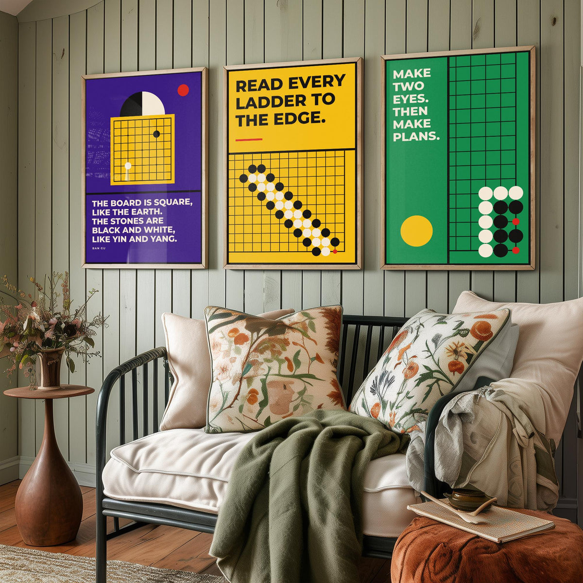 Go Board Game Quotes Set of Three Art Prints - 3 Bauhaus Baduk Weiqi Posters - Minimalist Game Room Wall Art Illustration V1