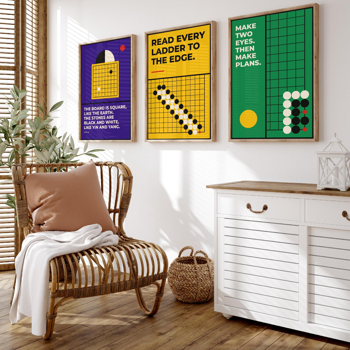Go Board Game Quotes Set of Three Art Prints - 3 Bauhaus Baduk Weiqi Posters - Minimalist Game Room Wall Art Illustration V1