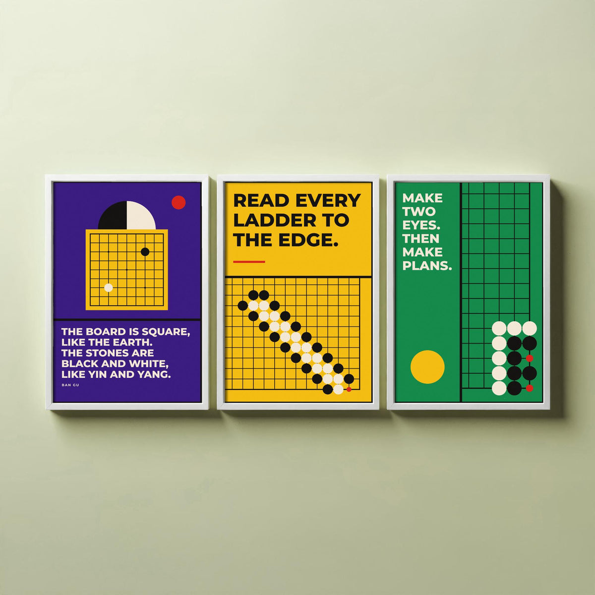 Go Board Game Quotes Set of Three Art Prints - 3 Bauhaus Baduk Weiqi Posters - Minimalist Game Room Wall Art Illustration V1