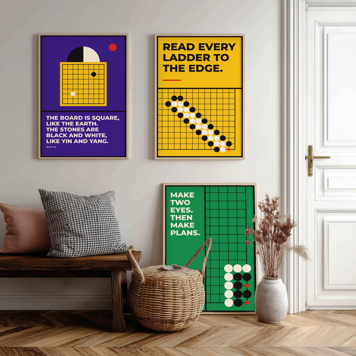 Go Board Game Quotes Set of Three Art Prints - 3 Bauhaus Baduk Weiqi Posters - Minimalist Game Room Wall Art Illustration V1