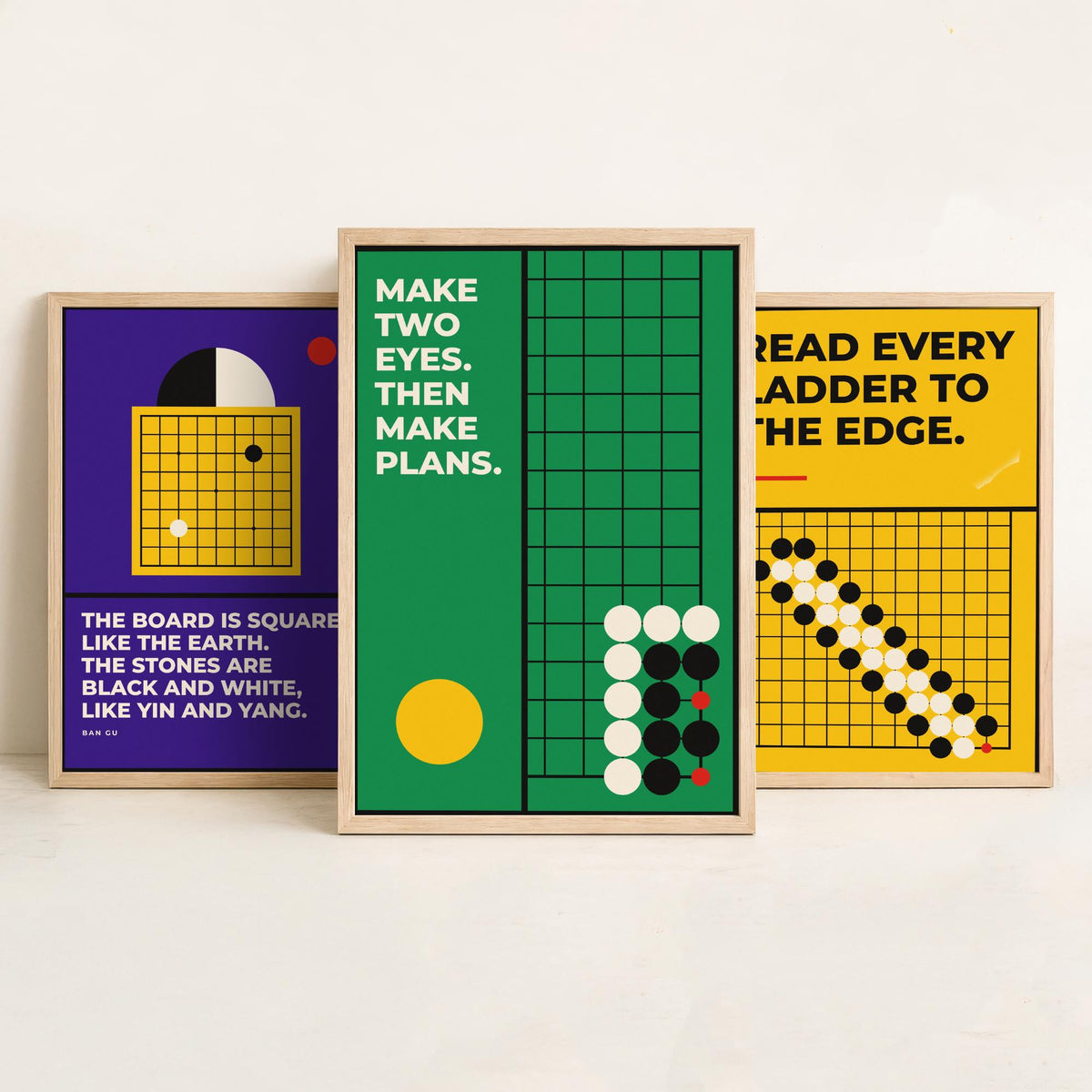 Go Board Game Quotes Set of Three Art Prints - 3 Bauhaus Baduk Weiqi Posters - Minimalist Game Room Wall Art Illustration V1